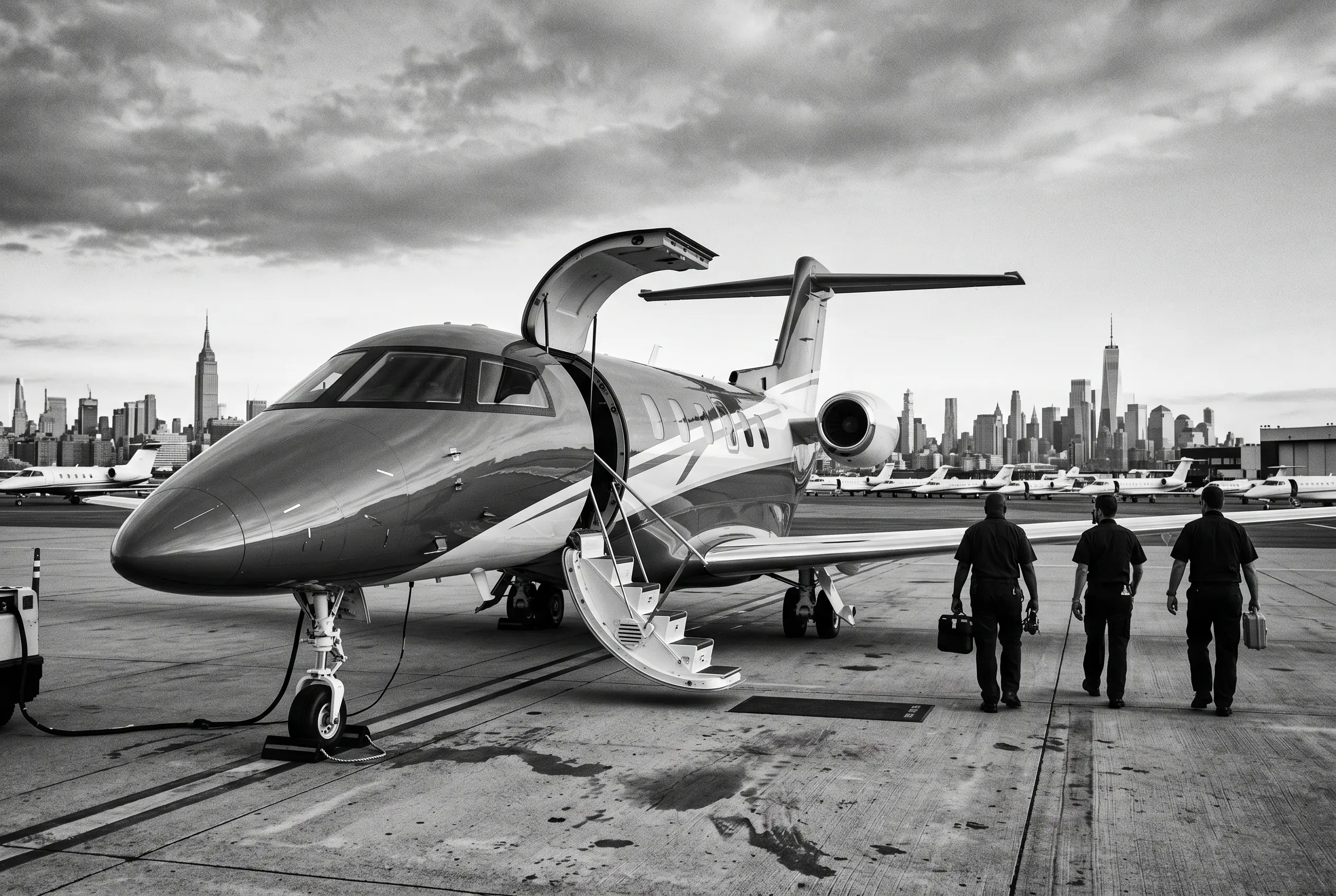Pilatus PC-24 light jet with its cargo door on a ramp before a New York to Miami flight
