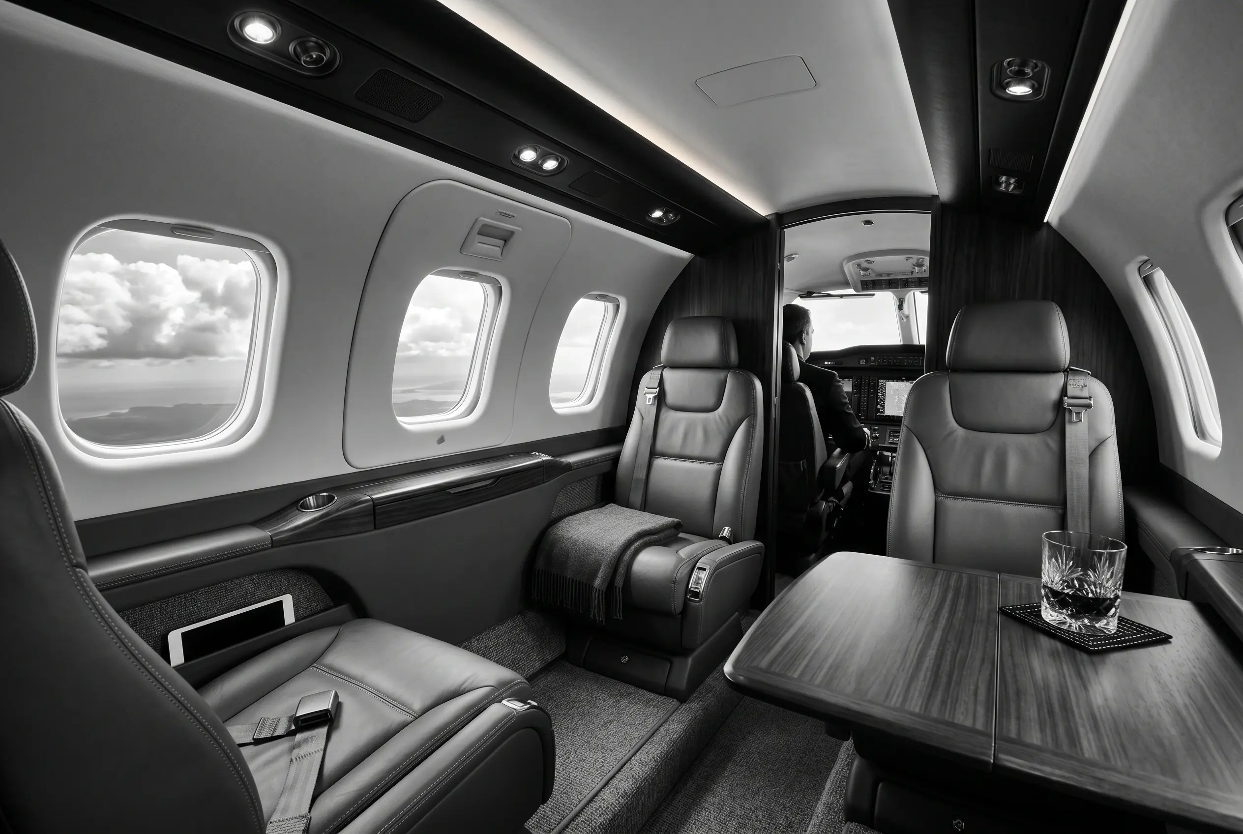 Piper M600/SLS cabin for a New York to Miami charter, in monochrome
