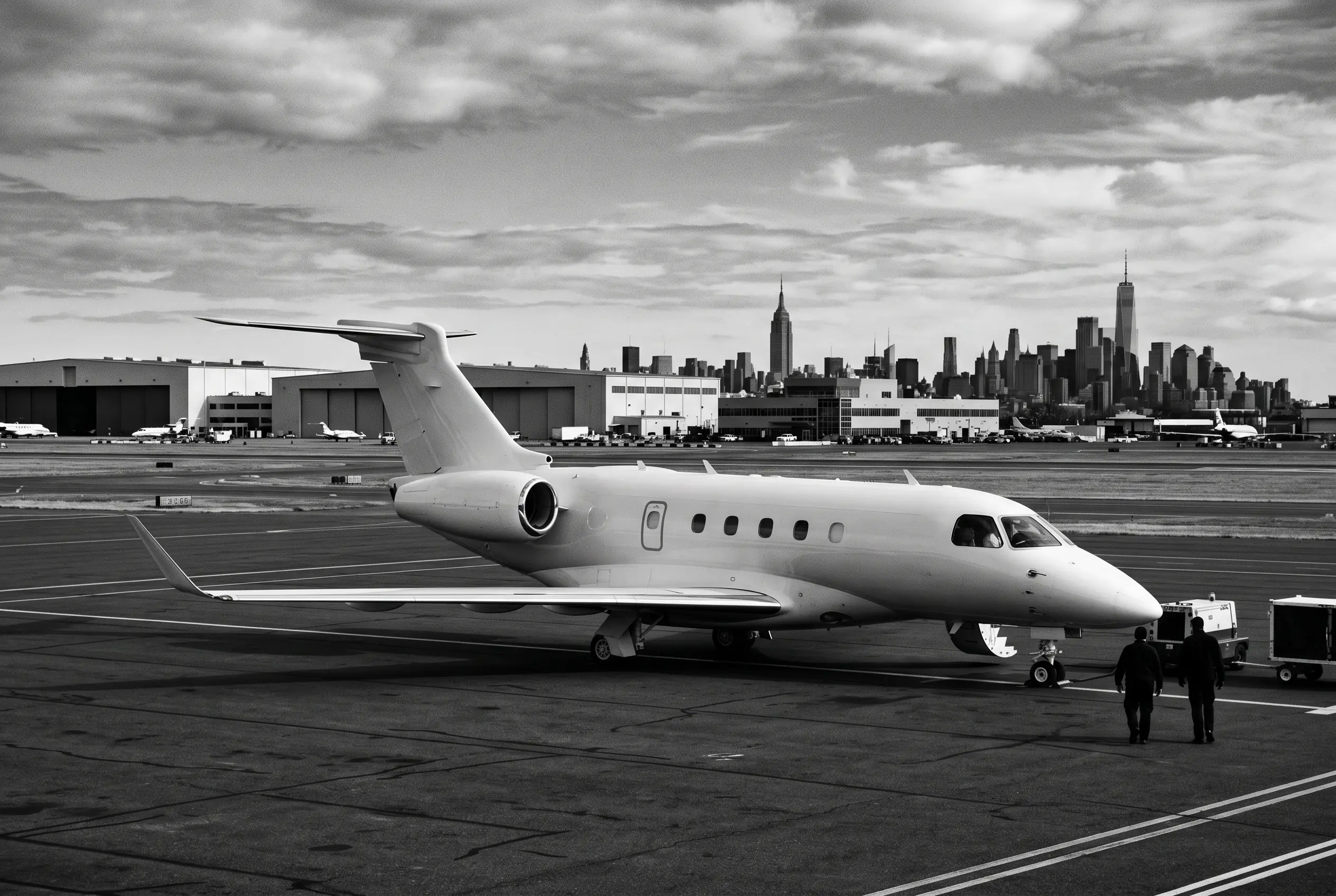 Embraer Praetor 600 super-midsize jet on a ramp before a New York to Miami flight