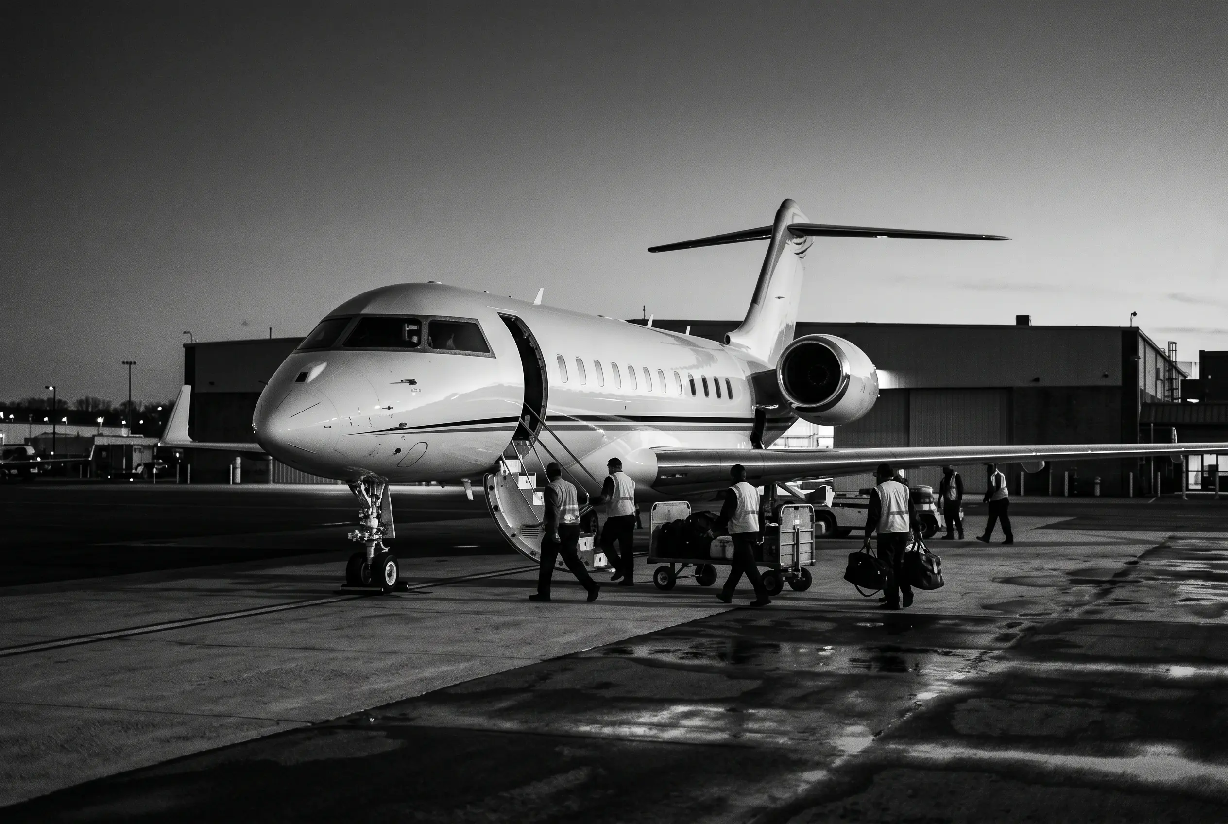 Team equipment being loaded into a large jet at a New York FBO for Miami