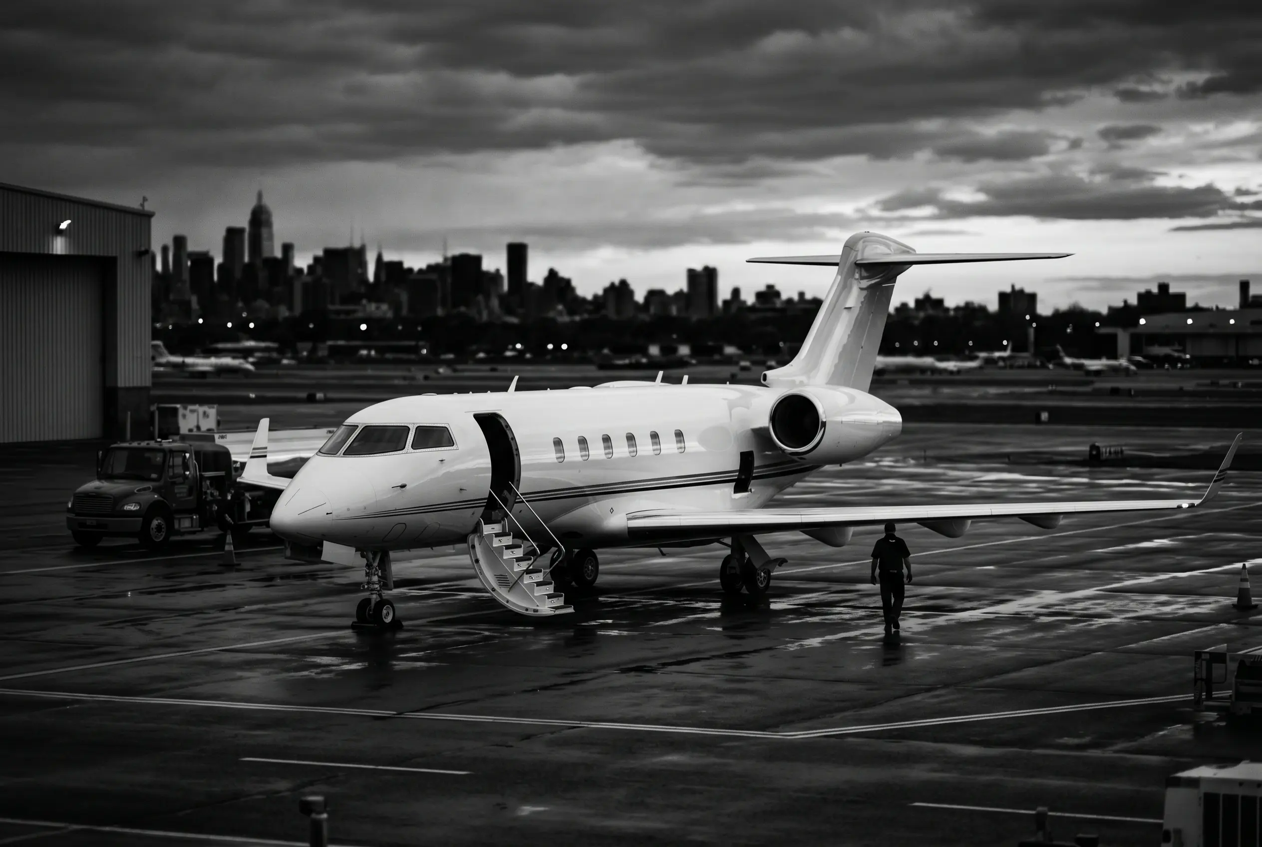 Super-midsize jet on a private ramp before a New York to Miami departure