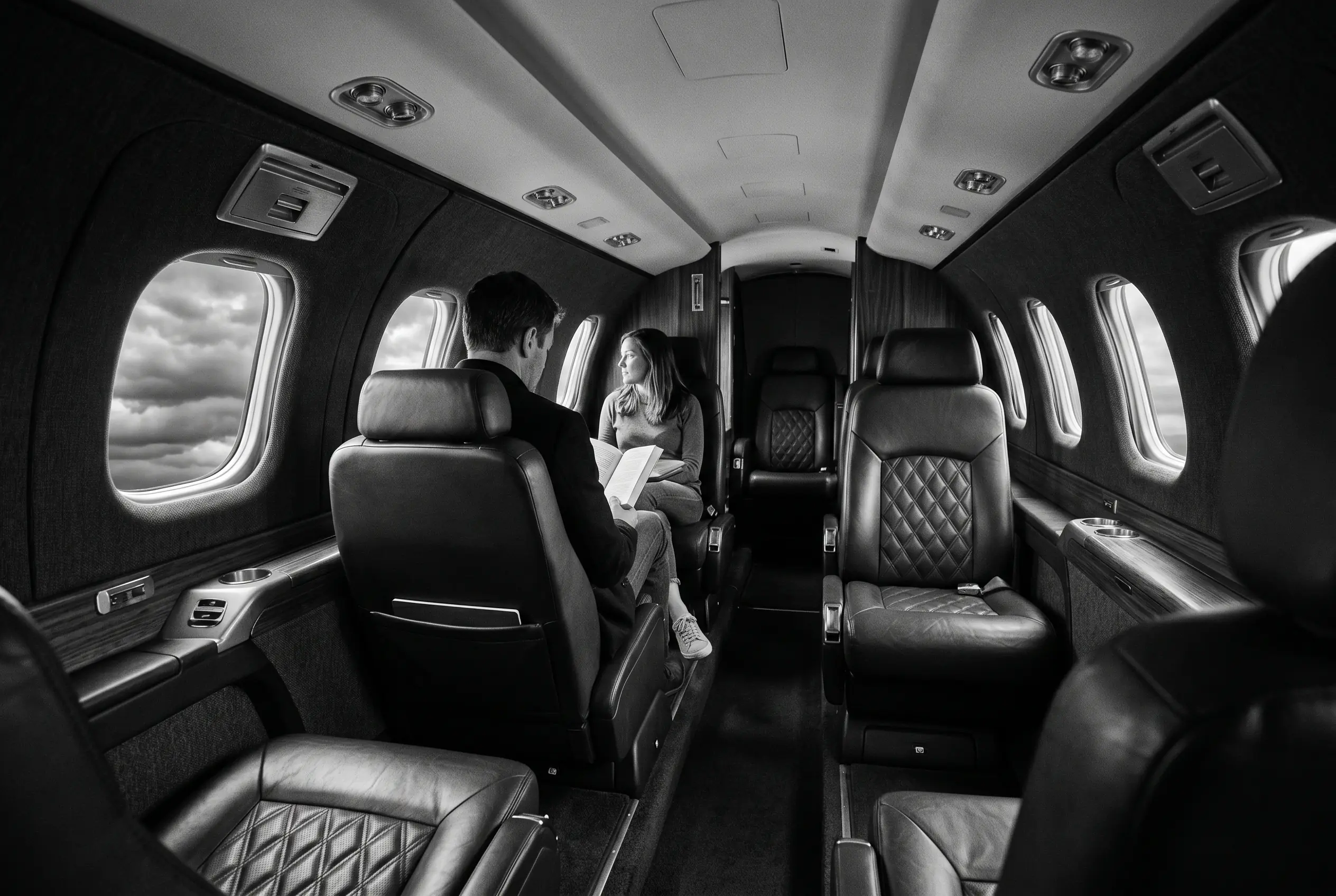 Daher TBM 960 cabin for a New York to Miami charter, in black and white