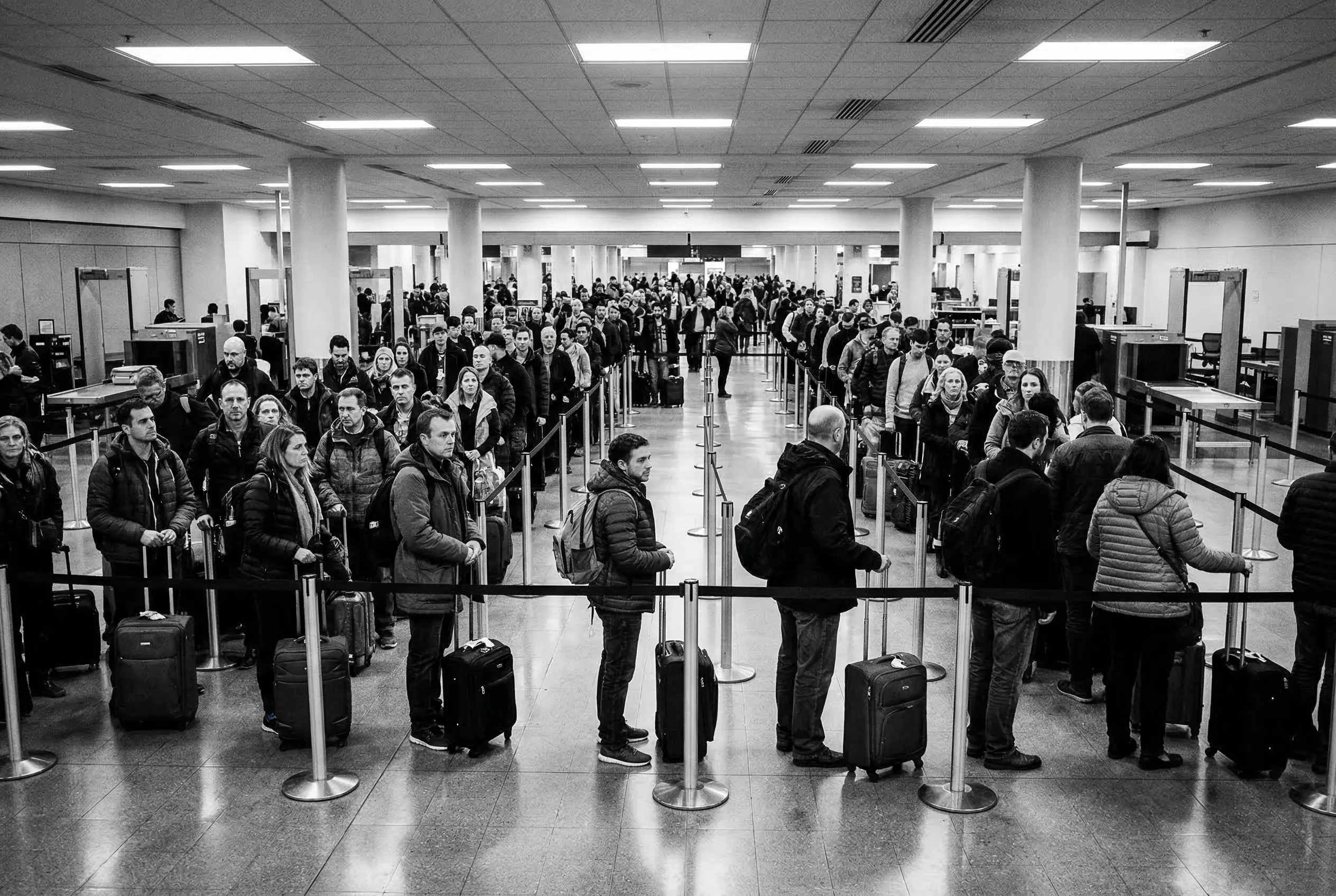 Crowded commercial airport terminal with long security checkpoint lines