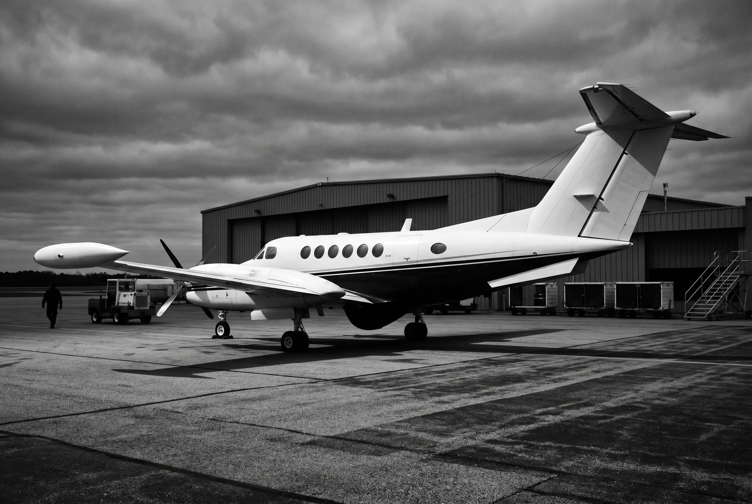 Twin turboprop on a quiet ramp before a New York to Miami charter, in black and white