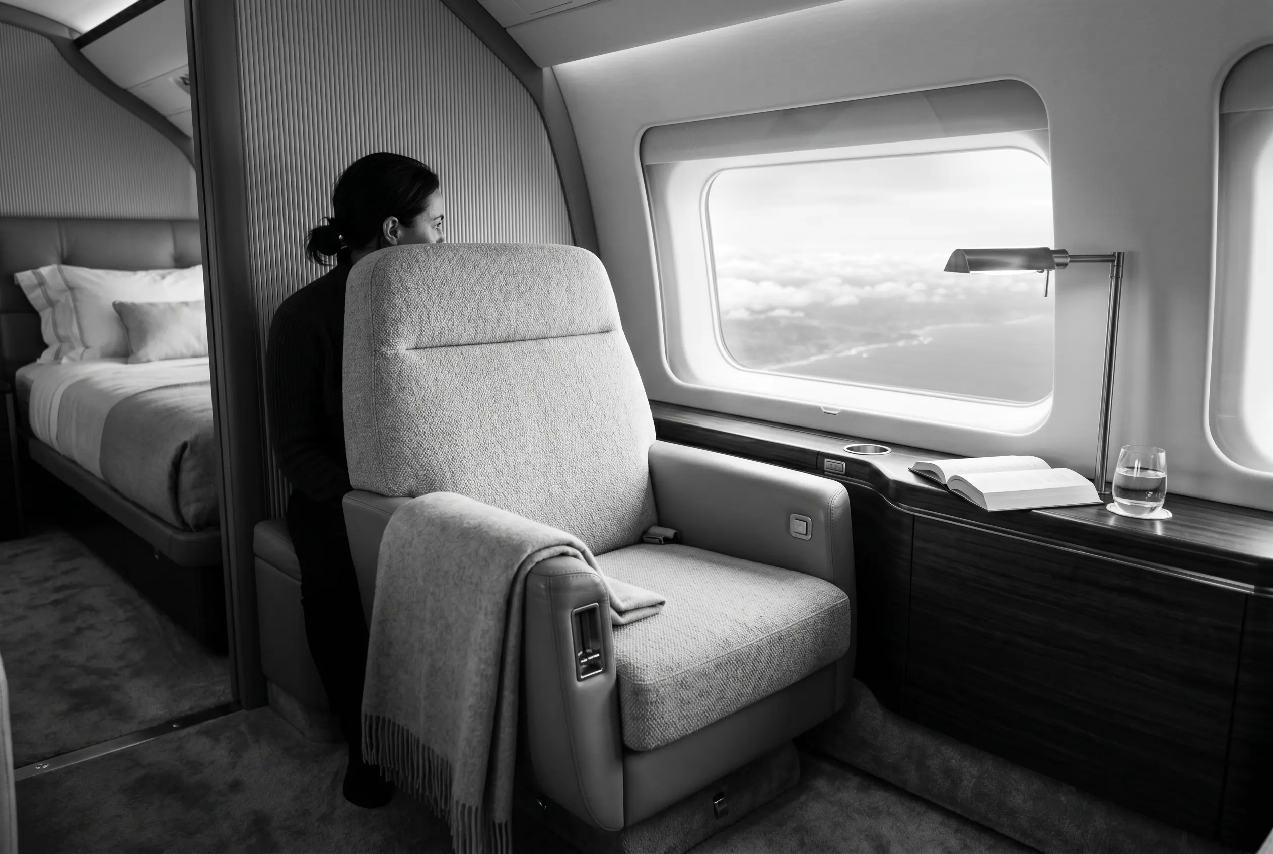 Private stateroom in an ultra-long-range jet on a New York to Miami flight