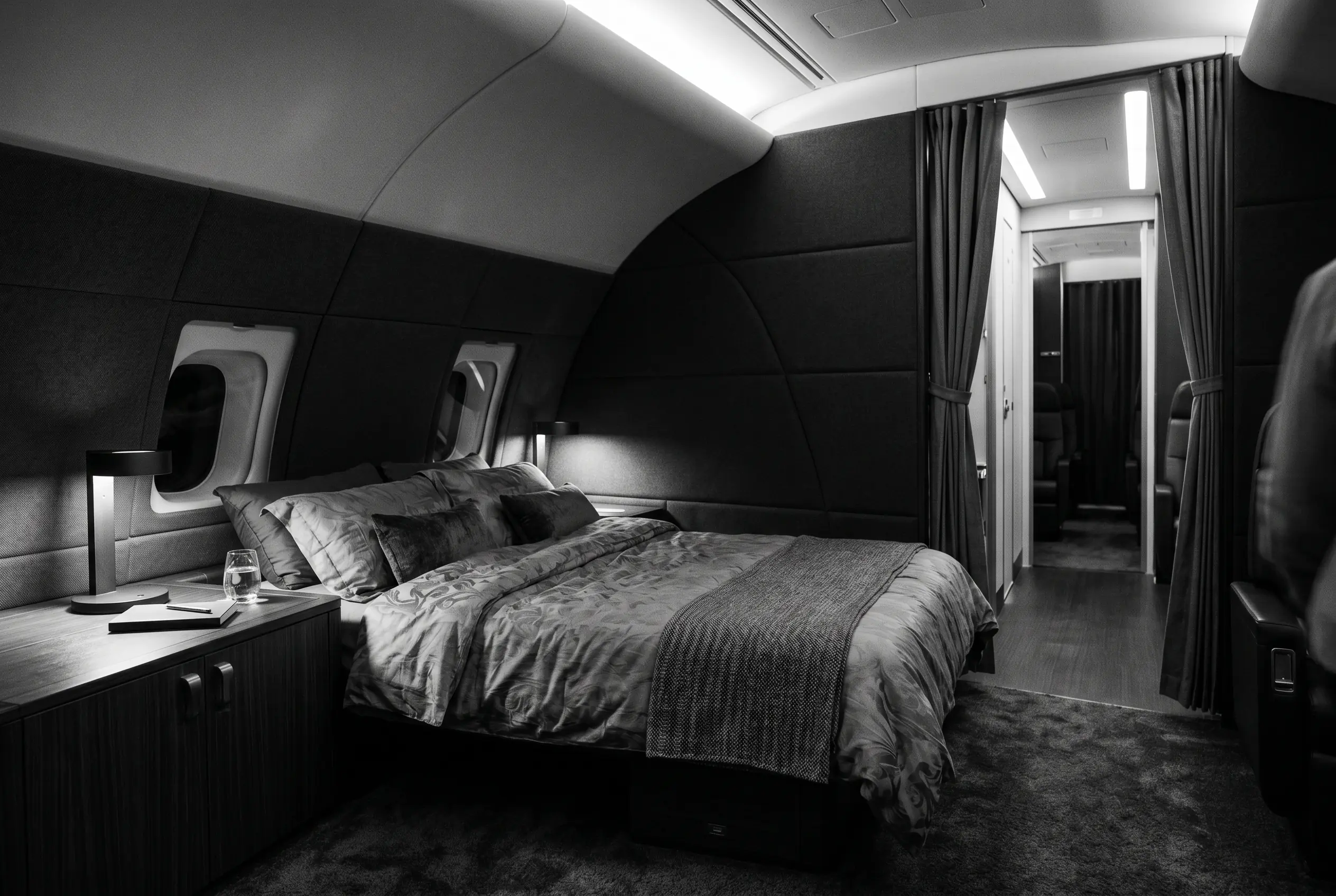 Private stateroom inside a VIP airliner on a New York to Miami flight