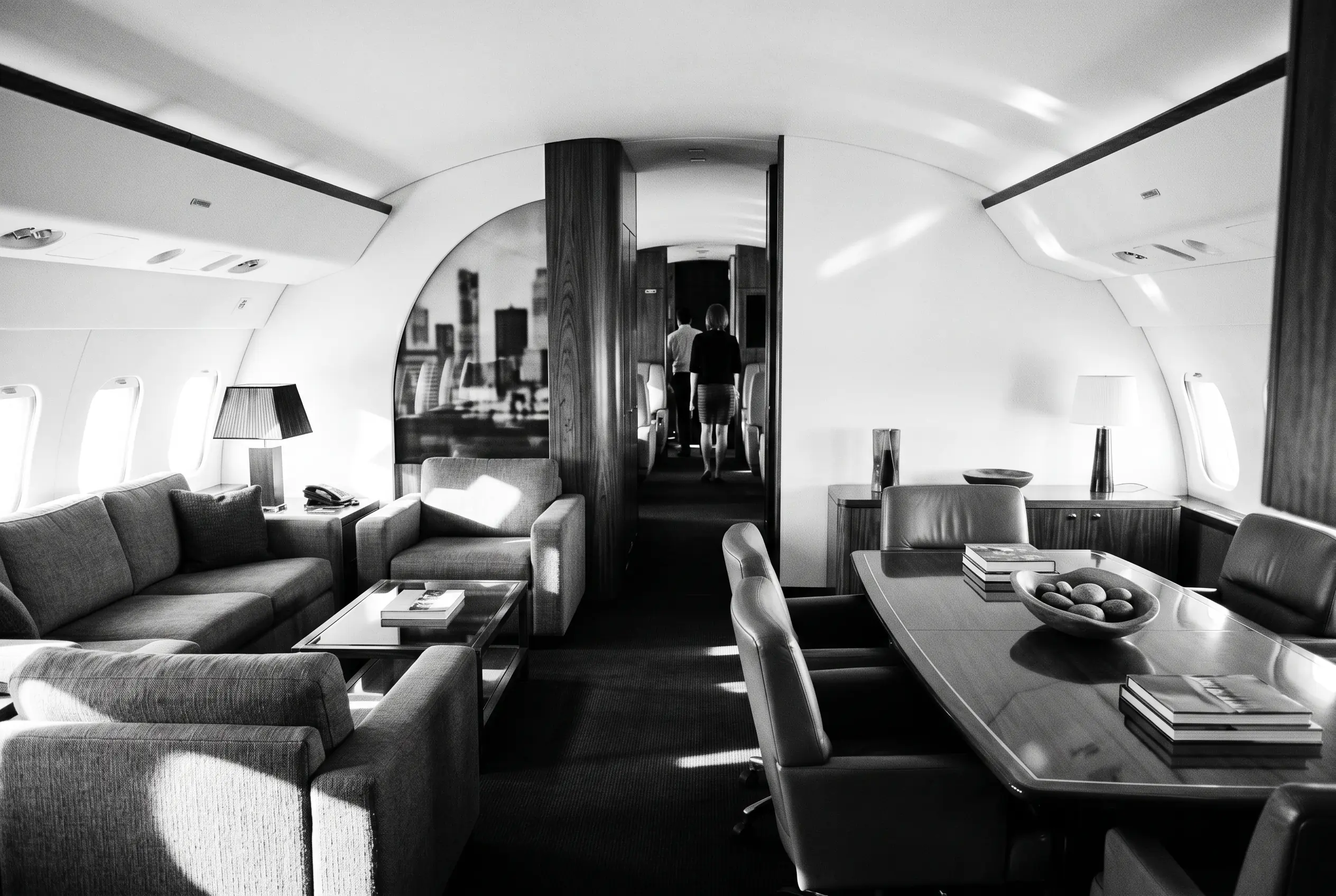 VIP airliner lounge with sofas and a conference area for a New York to Miami charter, in black and white